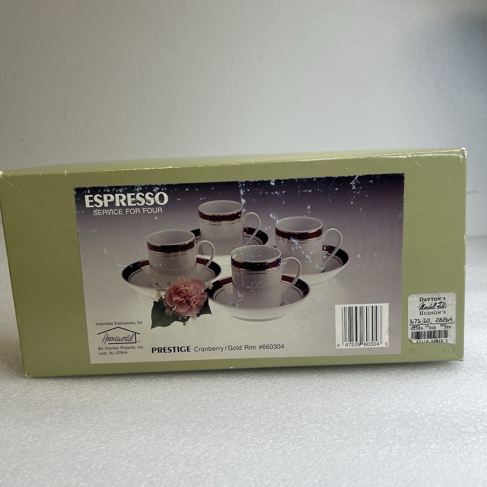 Crown Porcelain Prestige Cranberry/Gold Rim Espresso Cups, Saucers Service for 4